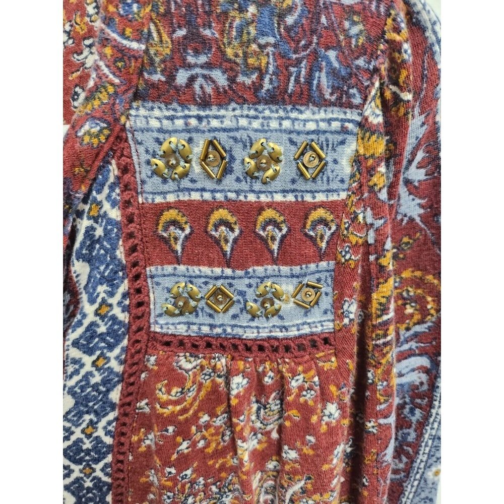 Lucky Brand Womens Blouse Small Maroon Blue Tie Neck Beaded Long Sleeve BOHO - Picture 5 of 6